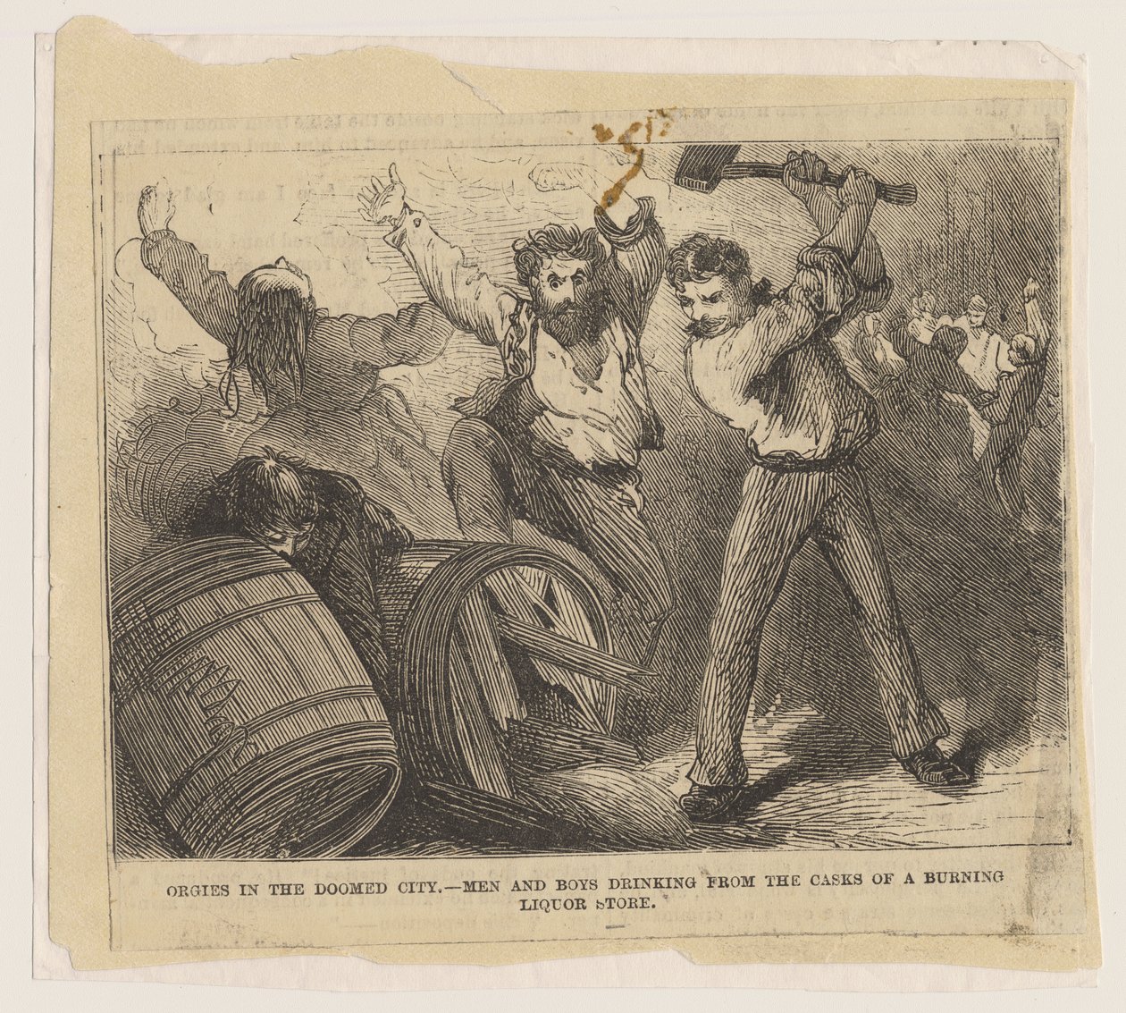 運命の都市の乱交-1871年、燃える酒屋の樽から飲む男性と少年 作： アメリカの学校