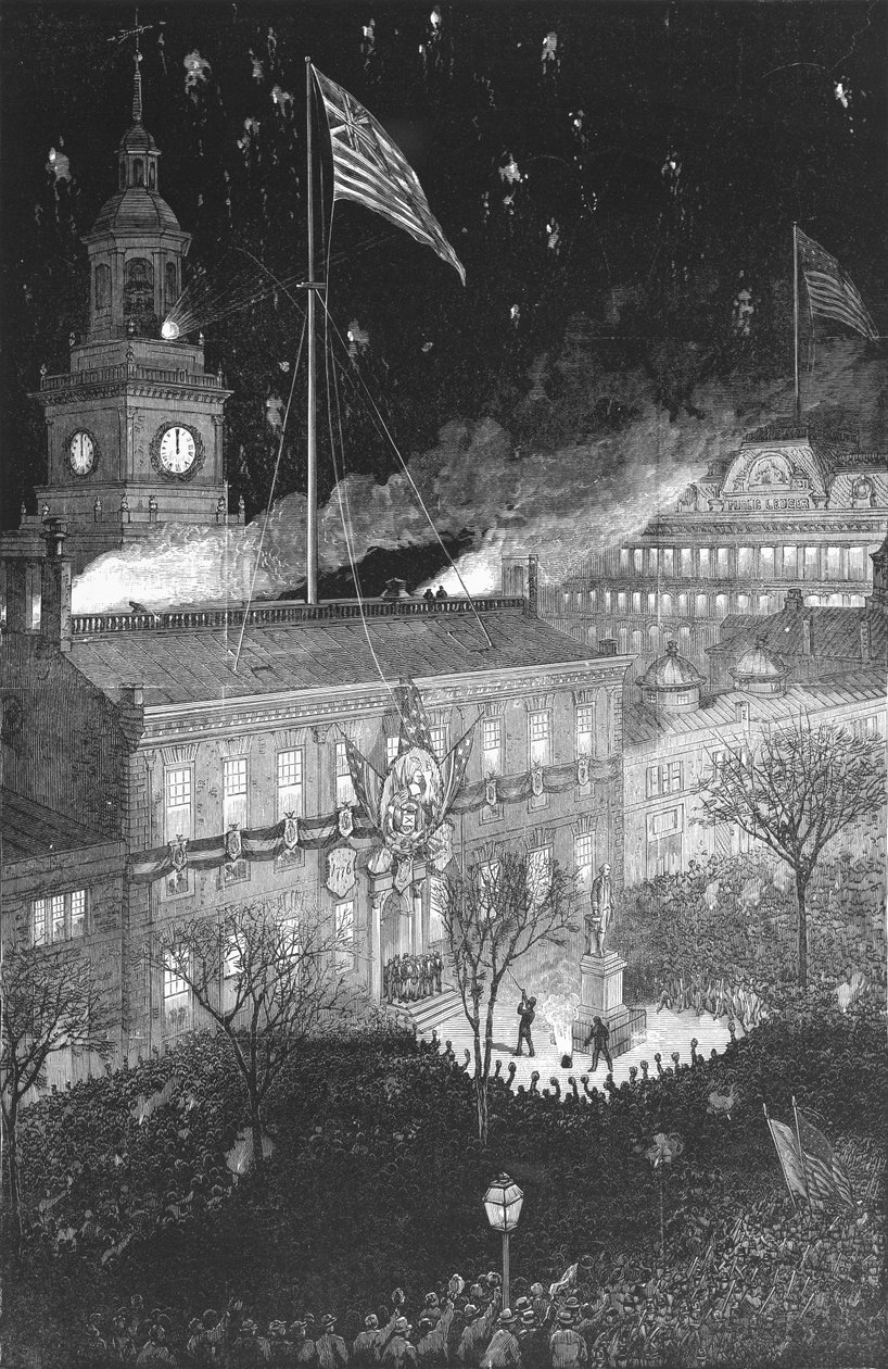 ハーパーズウィークリーマガジンのシェルとホーガンによる1876年の独立記念館の100周年記念第4イルミネーション 作： アメリカの学校