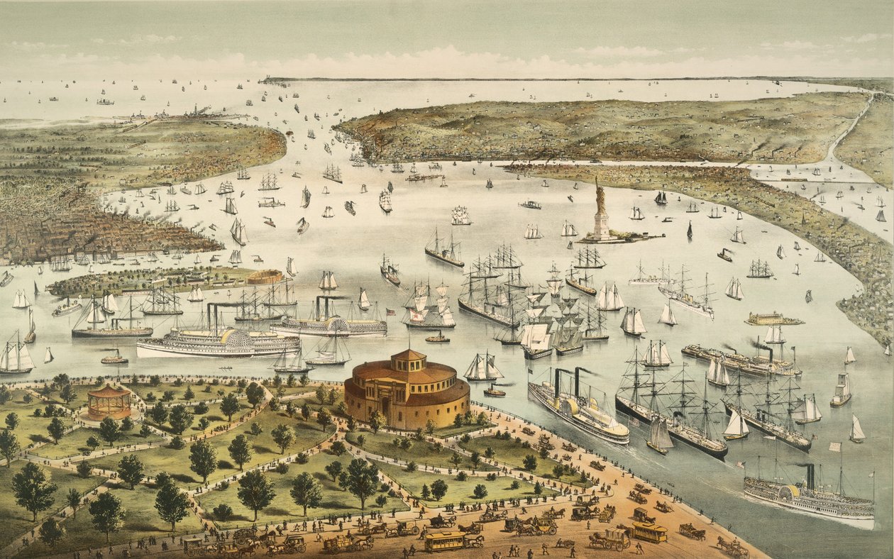 ニューヨークの港：バッテリーからの鳥瞰図、南向き、パブ。 1892 作： アメリカの学校