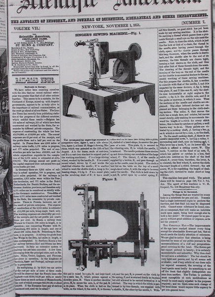 1851年11月1日、The Scientific AmericanのIsaac Merrit Singer（1811-75）によるミシンのオリジナルモデル 作： アメリカの学校