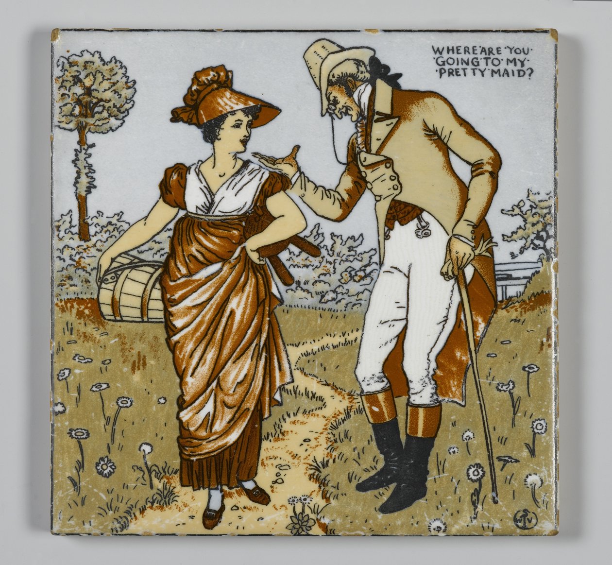 Walter T. Crane Wheeling Pottery Company、Wheeling、West Virginia、c.1890によって作られたタイル（転写印刷されたポリクローム、ガラス張りの陶器） 作： アメリカの学校