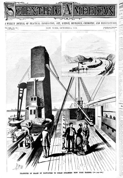 1879年10月4日、ニューヨーク港のエレベーターから海上汽船への穀物の移送、Scientific Americanのイラスト 作： アメリカの学校