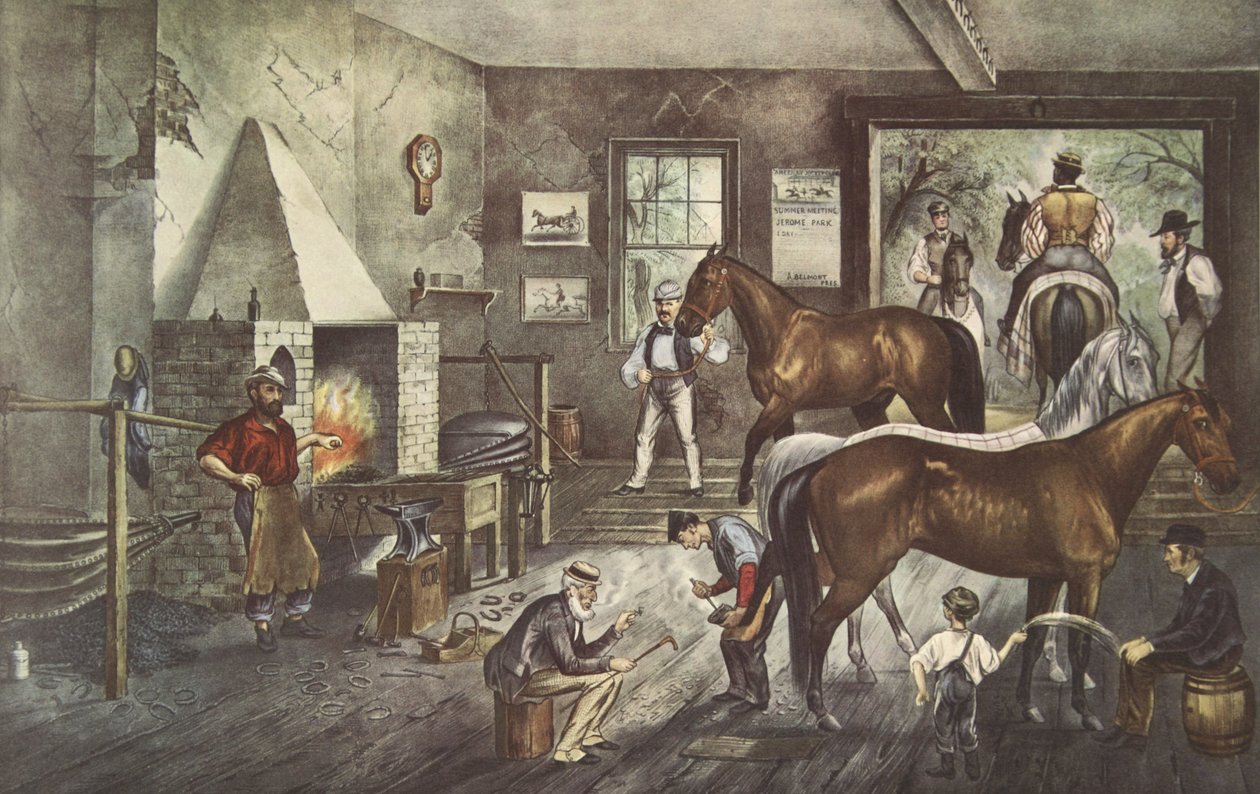 フォージ、パブでのひび割れ。 1869年、キュリアーとアイブス 作： アメリカの学校