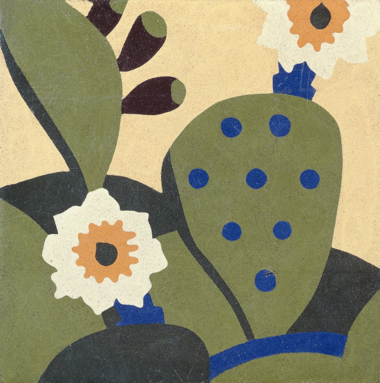 サボテンの植物を描いた西テキサスの部屋のタイル、1936年頃（セラミック） 作： アメリカの学校