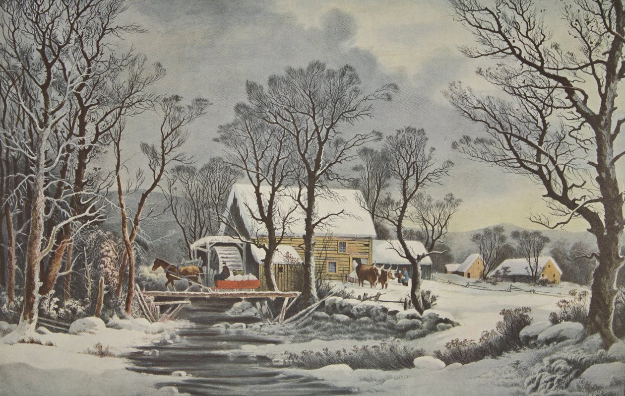 田舎の冬-オールドグリストミル、パブ。 1864年、キュリアーとアイブス 作： アメリカの学校