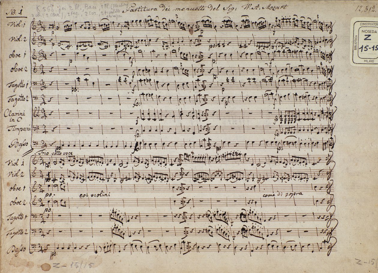 オーストリアの作曲家ヴォルフガングアマデウスモーツァルト（1756-1791）によるピアノ、K 568の5つのリズムのメヌエットの楽譜のページ 作： オーストリア学派