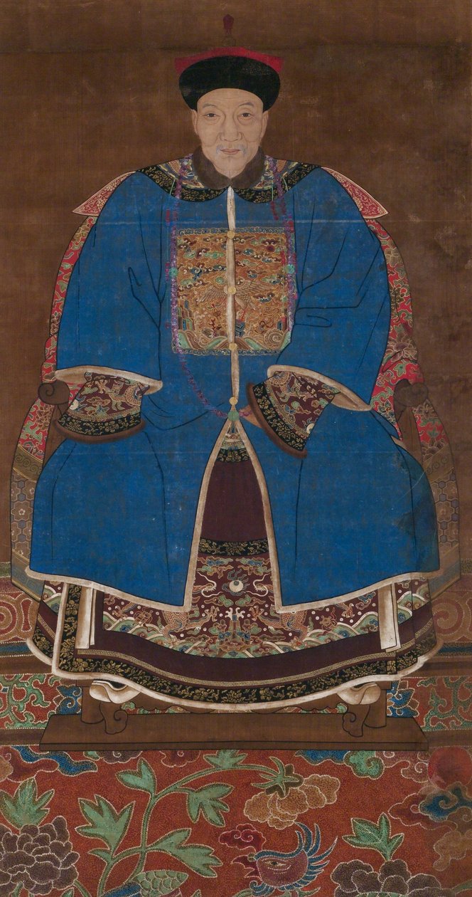 冬の衣服を着た男の祖先の肖像画、 作： 中国語学校