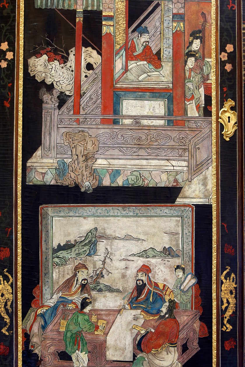 中国のコロマンデル漆パネル、細部、c.1730 作： 中国語学校