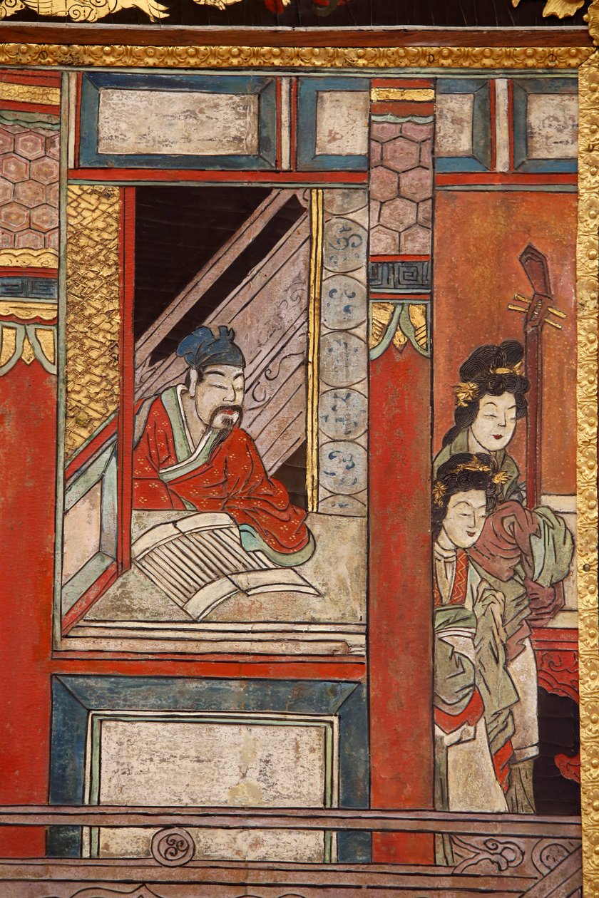 中国のコロマンデル漆パネル、細部、c.1730 作： 中国語学校