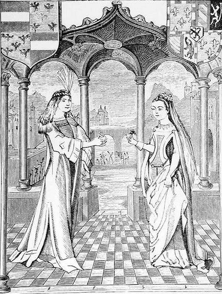婚約者インタビュー、中世の科学と文学とルネサンスのイラスト、1878年にポールラクロワによって書かれて彫刻された 作： 英語学校
