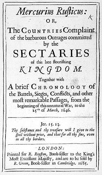 1685年に公開されたMercurius Rusticusのフロントページ 作： 英語学校