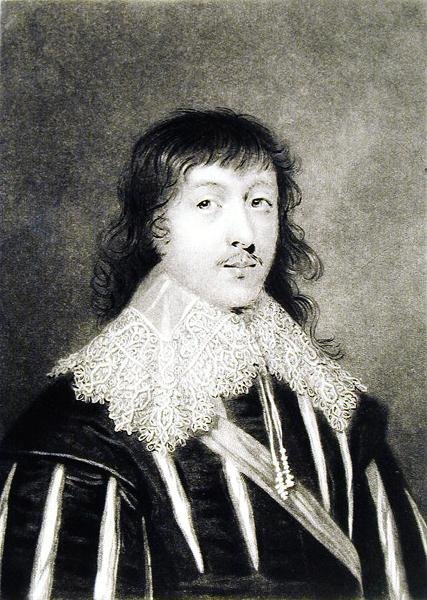ルクシウス、フォークランド子爵（c.1610-43）のイラスト、イギリスの歴史に描かれた人物像のイラストより、リチャードアールロム（1743-1822）とチャールズターナー（c.1773-1857）（メゾティント）（bw 作： 英語学校