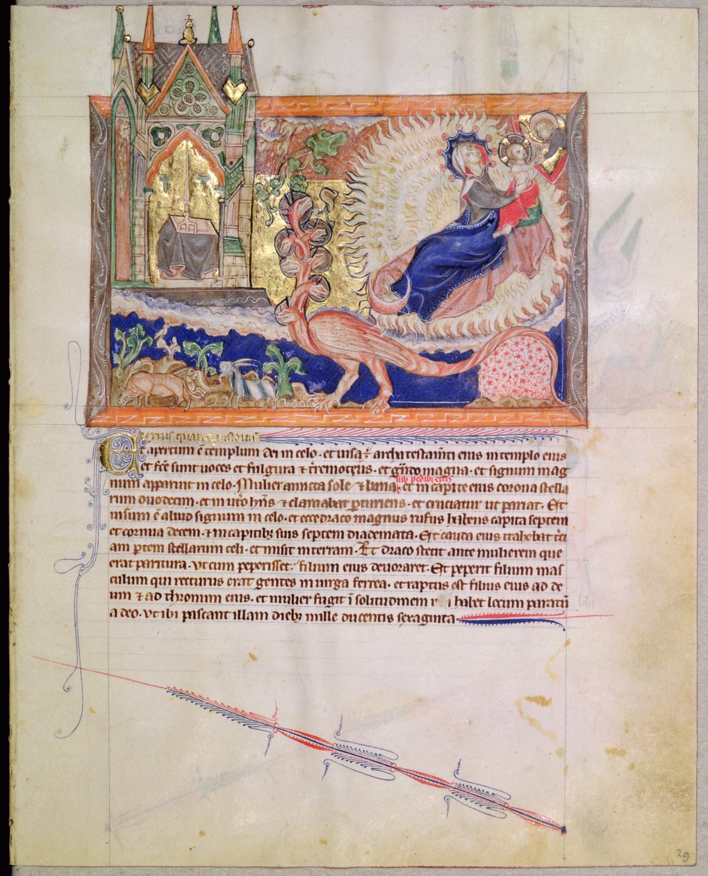 Ms LA 139-Lisboa fol.29神が男性の子供を赤いドラゴンに貪欲にされないように救い出した、グルベンキアンの黙示録、c.1265-70 作： 英語学校