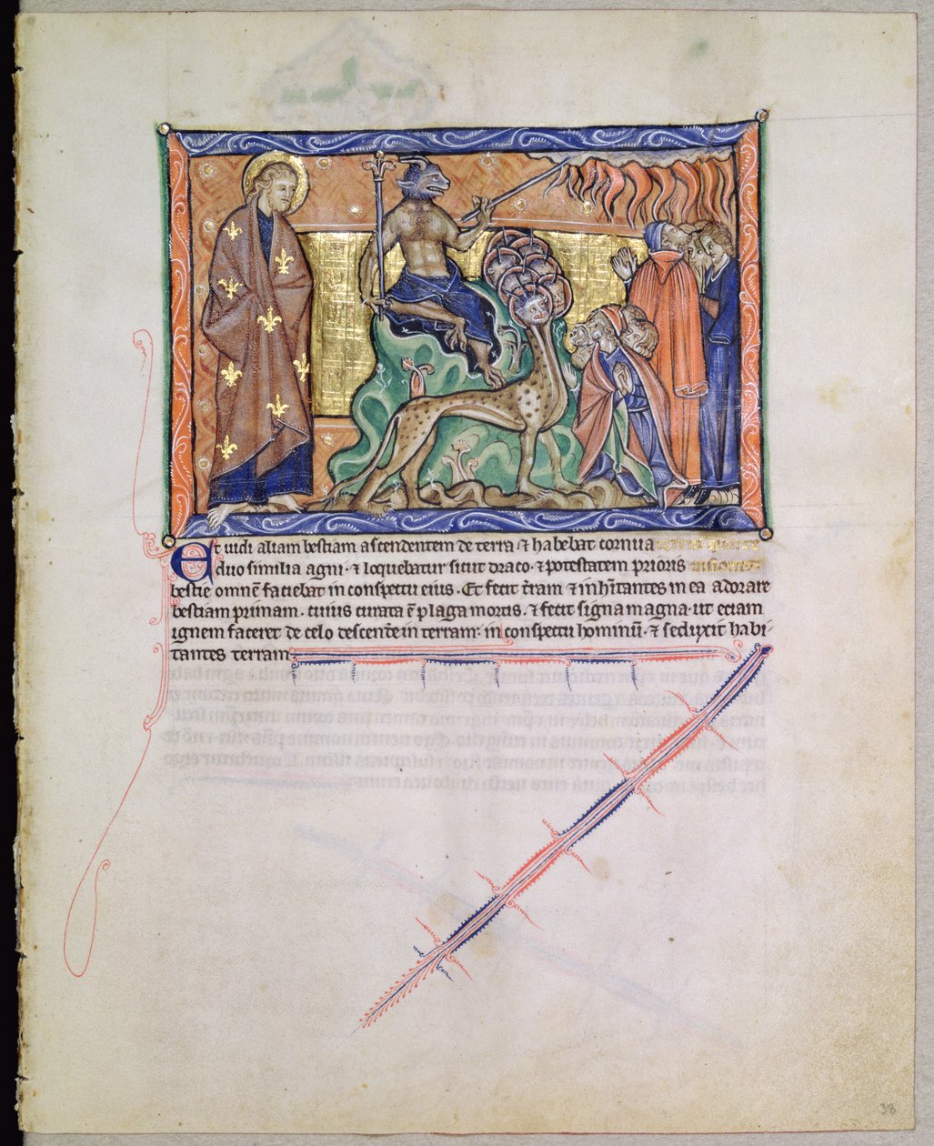 Ms LA 139-Lisboa fol.38獣を見る聖ヨハネ福音伝道者、グルベンキアンの黙示録から天から地に火を降ろす、c.1265-70 作： 英語学校