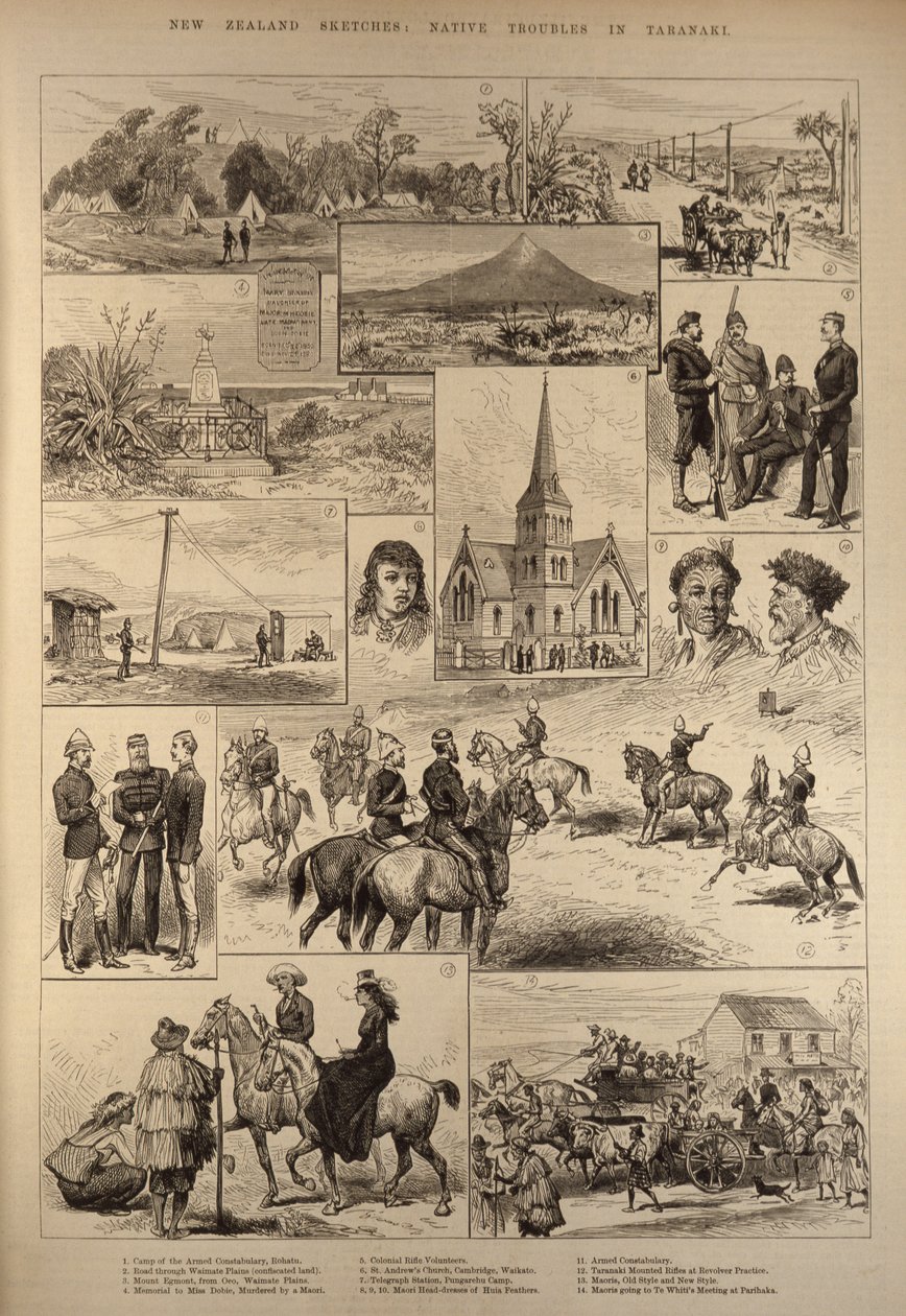 ニュージーランドのスケッチ：タラナキの先住民のトラブル、The Illustrated London News、1882年1月28日より 作： 英語学校