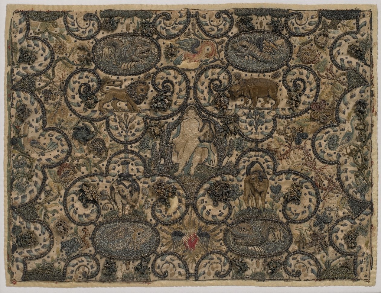 リュートで動物を魅了するオルフェウス、浮き彫り刺繍、c.1630（シルク刺繍） 作： 英語学校