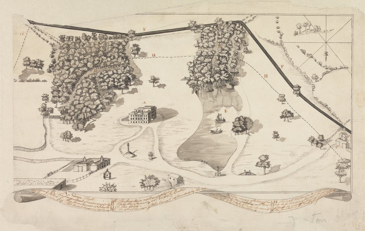 ノートンホールの公園の計画、ノートン修道院、c.1750-60（紙にペンと黒のインクと灰色のウォッシュ） 作： 英語学校