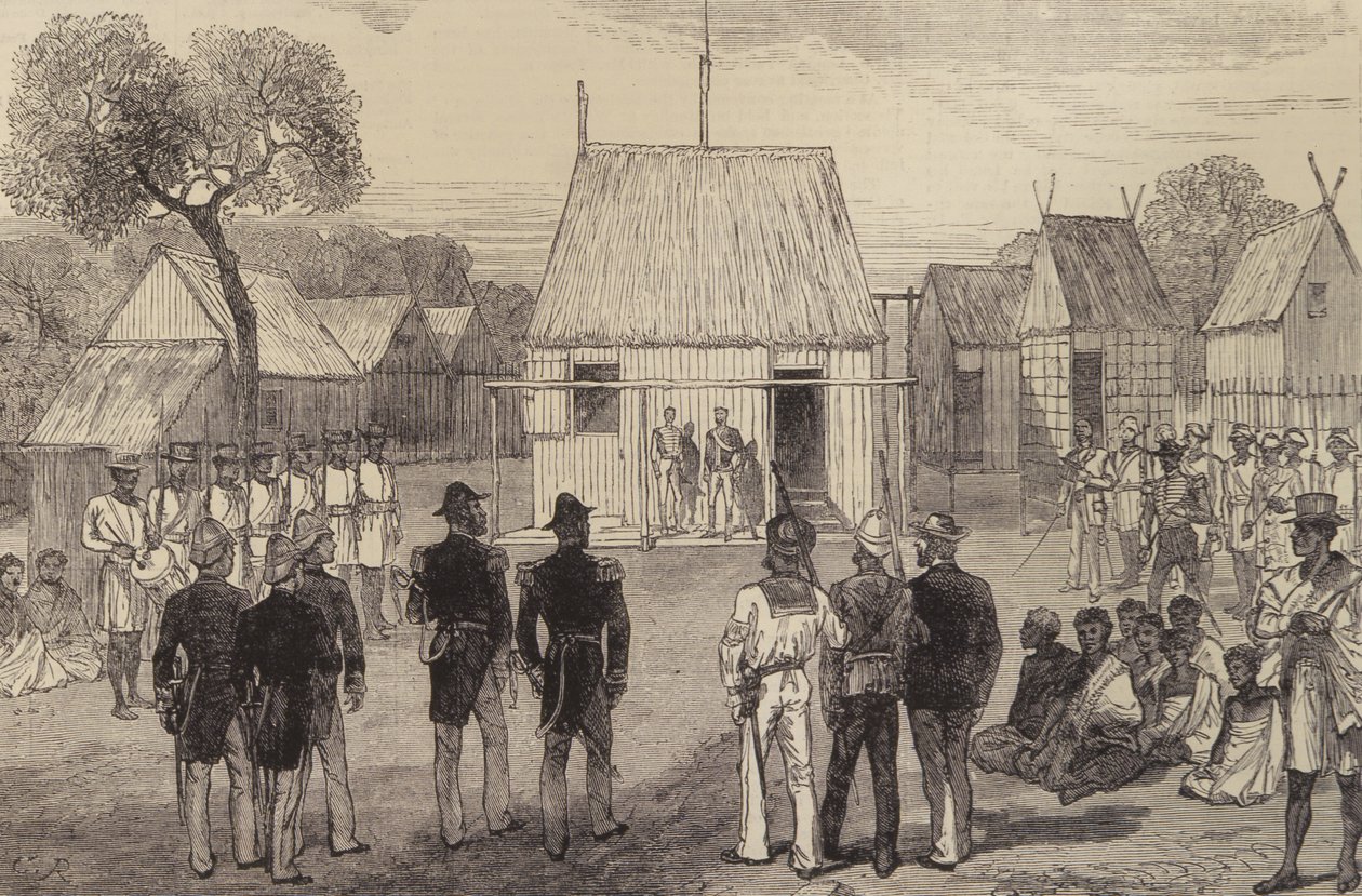 1881年11月26日のイラストレイテッドロンドンニュースによる、マダガスカルのモハボ先住民知事によるイギリス海軍将校のレセプション 作： 英語学校