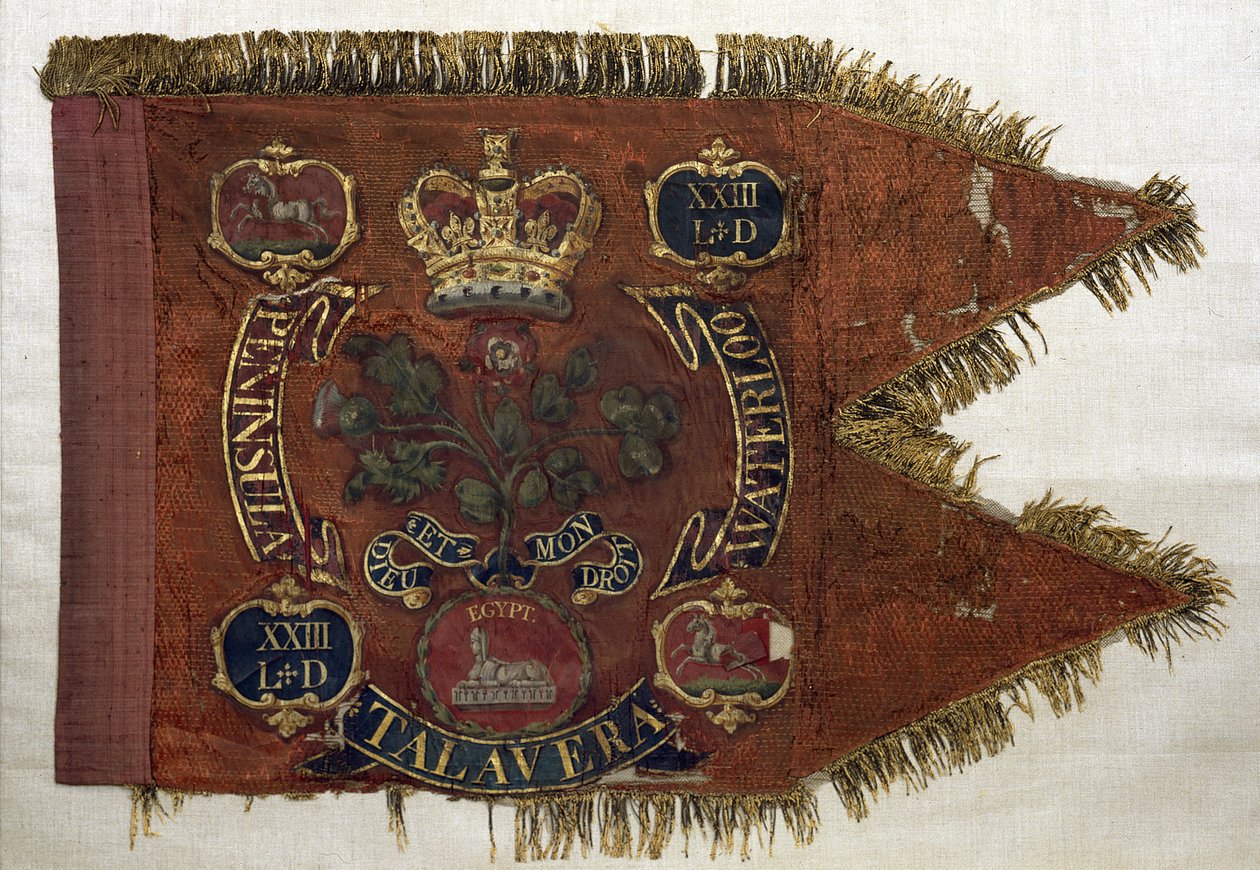 第23軽竜騎兵連隊のギドン、1809年（金の刺繍とタッセルが入った赤い布） 作： 英語学校