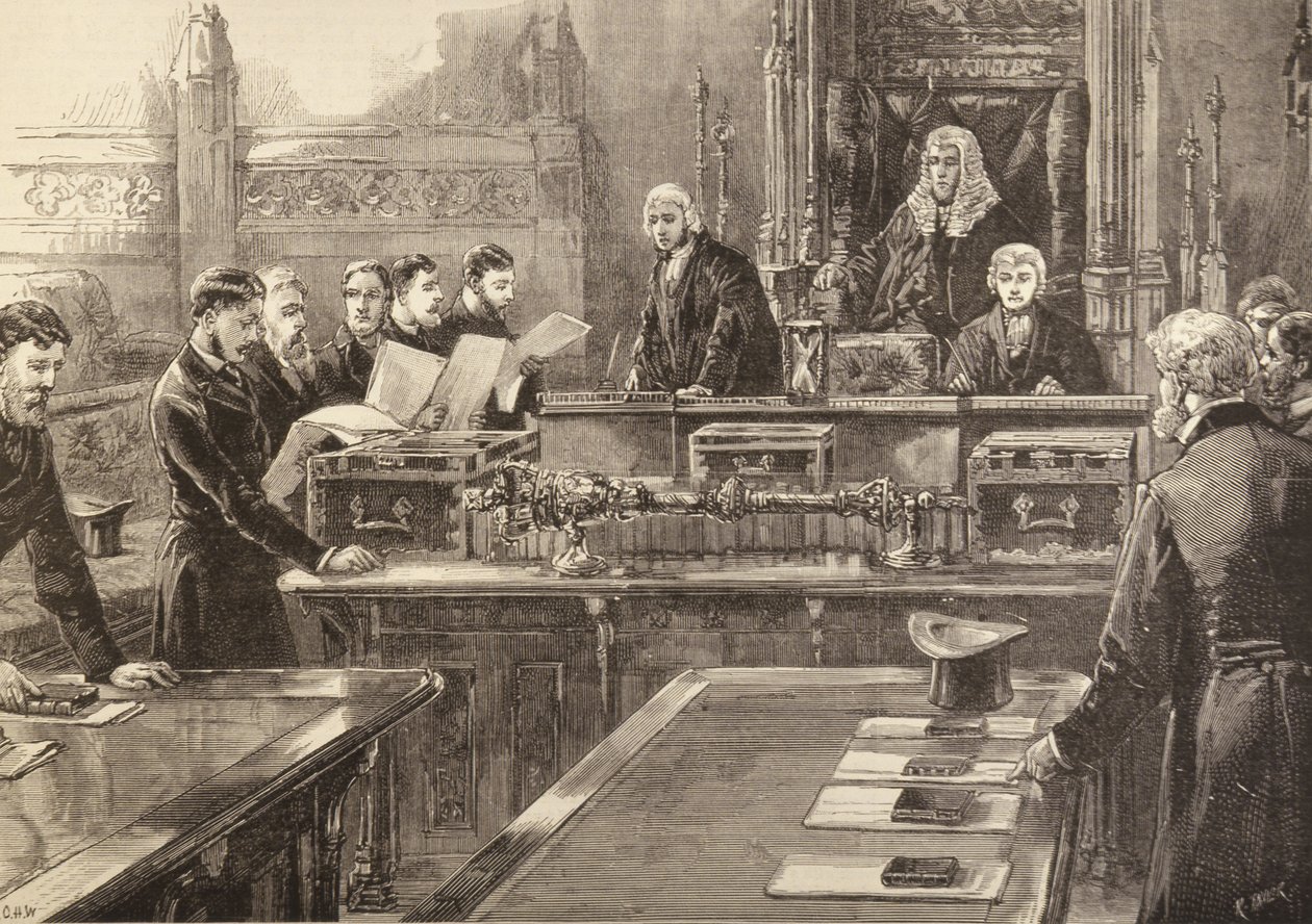 議会の開会：R.テイラーによって刻まれた誓約を採択しているメンバーたち（1886年1月23日、イラスト入りロンドンニュース） 作： 英語学校