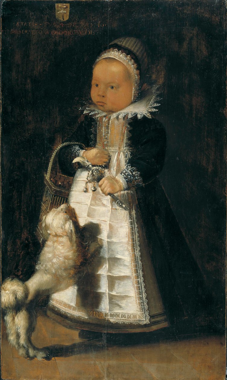 犬を持つ少女の肖像、c.1610 作： フランドルの学校