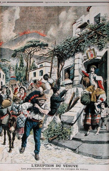 ベスビオ火山の噴火、火山から逃げる人々、ルプティジャーナルのイラスト、1906年4月22日 作： フランス語学校