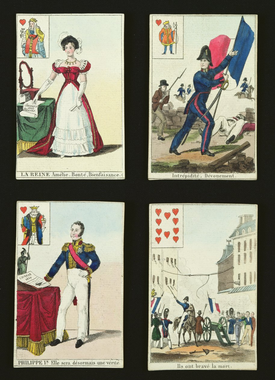1830年7月、1831年7月の英雄を記念する4枚のトランプ 作： フランス語学校
