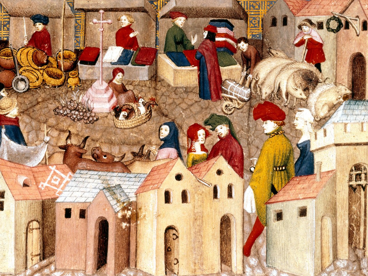 Fr 12559 fol.167市場、パリのトーマスIIIデサルース作「ルシュヴァリエの誤り」の照明、c.1400-05 作： フランス語学校