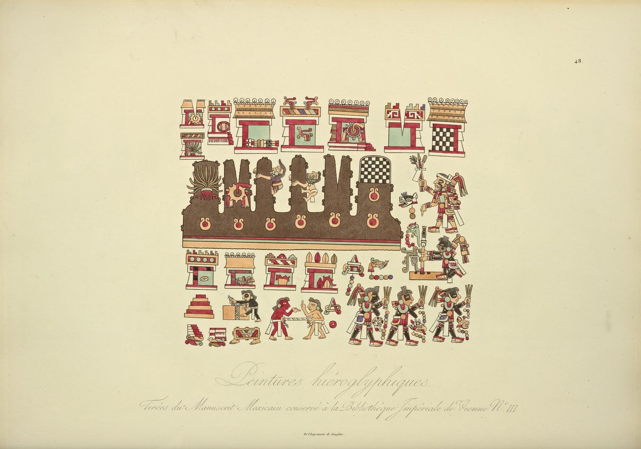 ウィーン帝国図書館に保存されていたメキシコ写本IIIの象形文字の絵画、アレクサンドルフォンによるコルディジェラの景色とアメリカ先住民の記念碑のイラスト 作： フランス語学校
