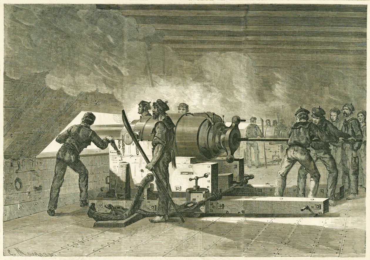 モニターとの戦闘中のメリマックバッテリーの内部、1862-1865（木製の彫刻）を公開 作： フランス語学校