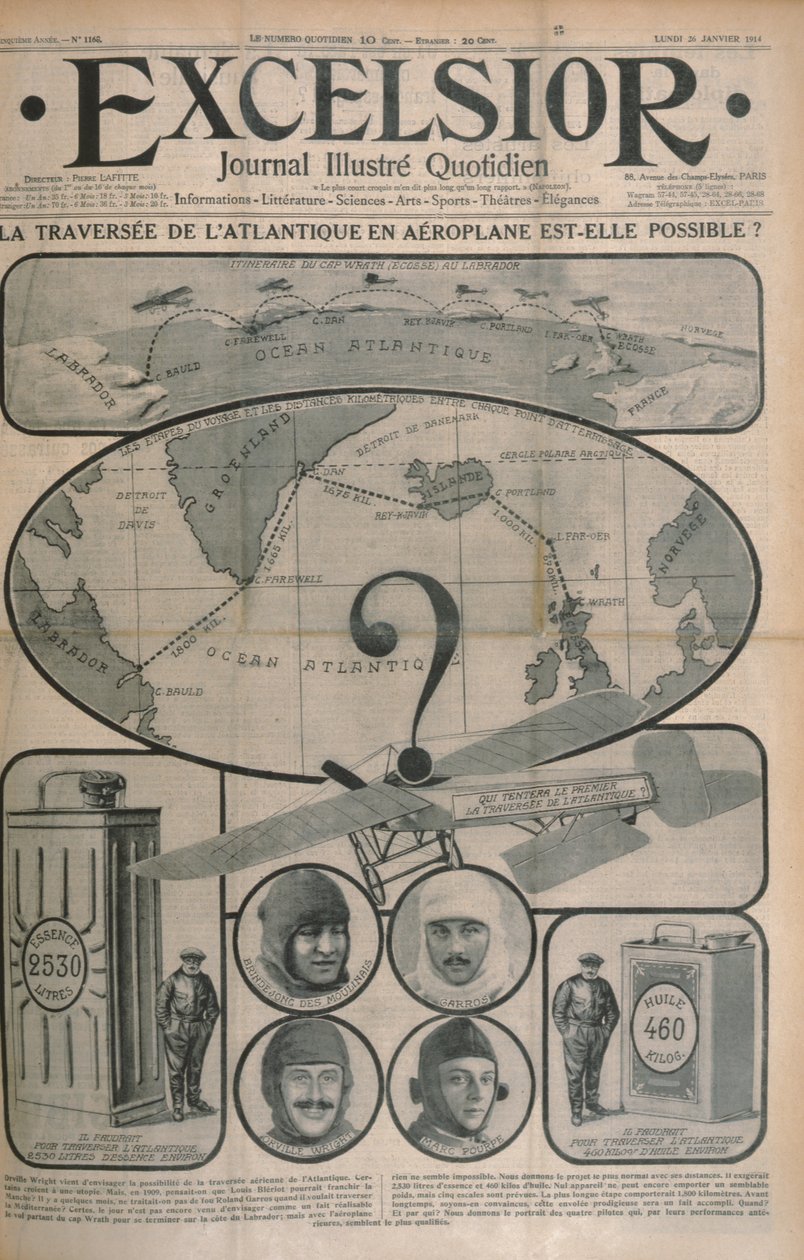 飛行機による大西洋横断は可能ですか？、Excelsior誌の表紙、1914年10月26日 作： フランス語学校