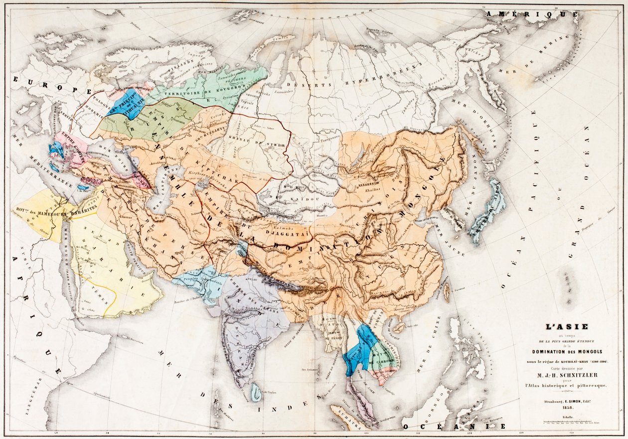ストラスブールc.1860で発行されたLHistoire Universelle Ancienne et Moderneによる、Kublai Khanの治世におけるモンゴル人の支配が最も広がった時期のアジアの地図 作： フランス語学校