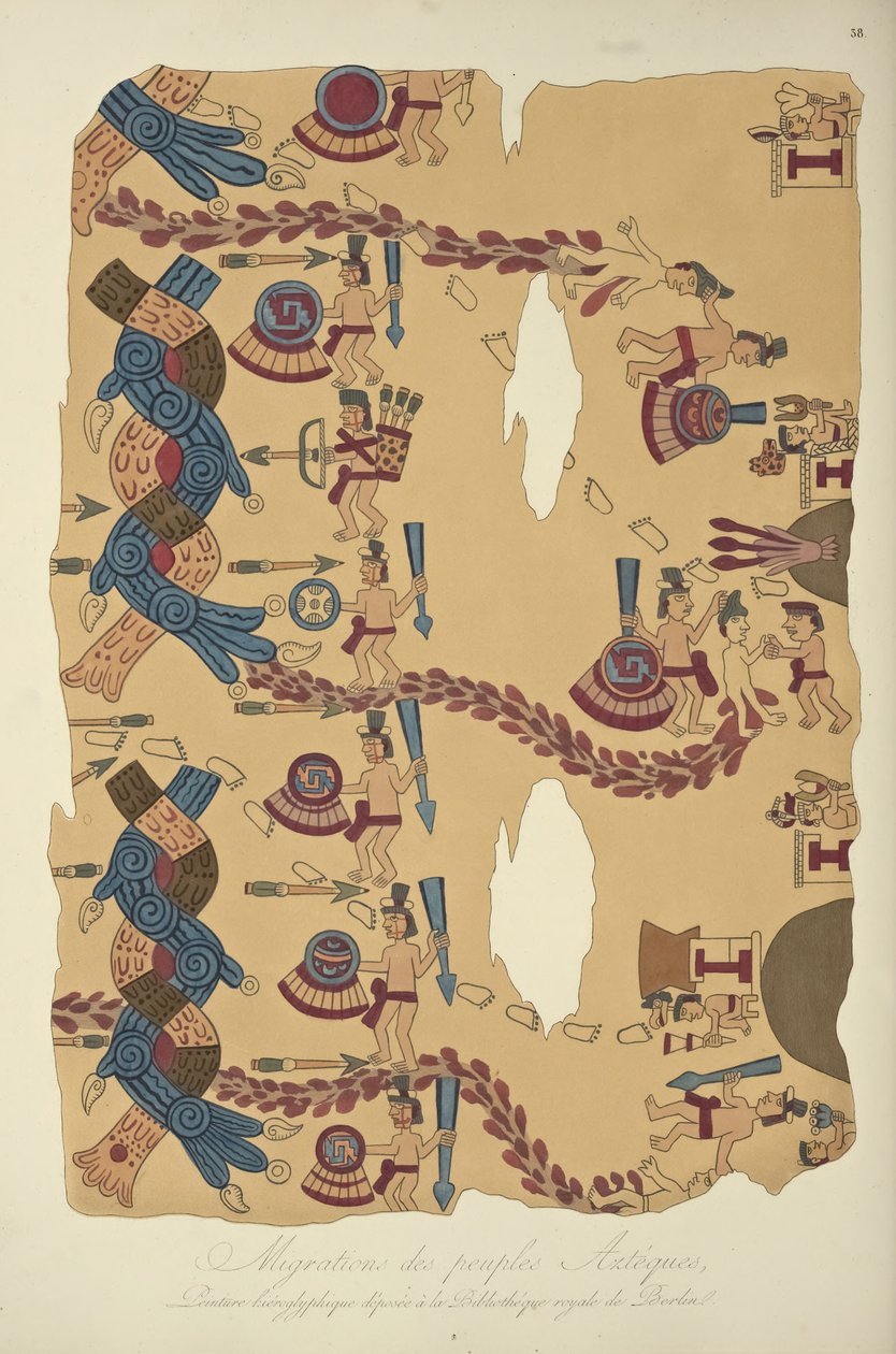 アステカ人の移住、ベルリン王立図書館で保存されている象形文字の絵画、コルディジェラの眺めとアレクサンドルフォンフムによるアメリカ先住民の記念碑の図解 作： フランス語学校