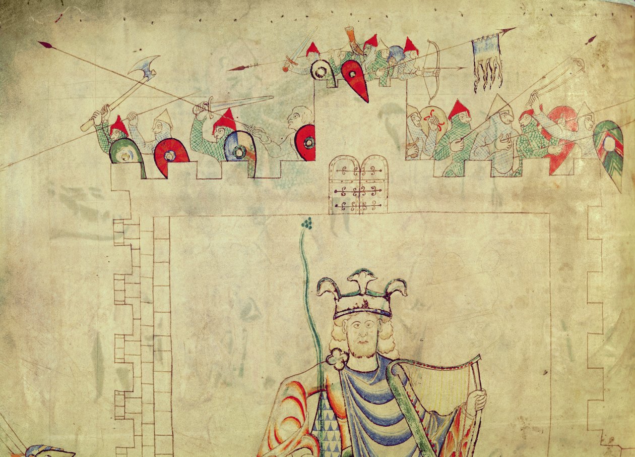 1215 t.3 fol.13vエルサレム中心部の陛下に座ったダビデ王、城壁の兵士の詳細、聖エティエンヌハーディングの聖書 作： フランス語学校