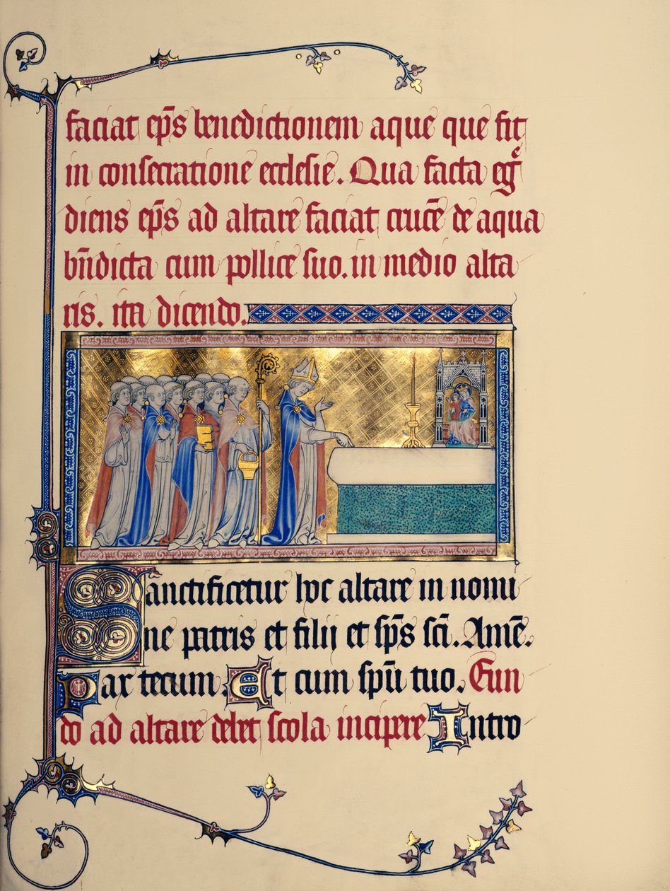 Ms 298 f.30r Metz Pontificalからの教会の献身、c.1302-16（羊皮紙に金箔とテンペラ） 作： フランス語学校