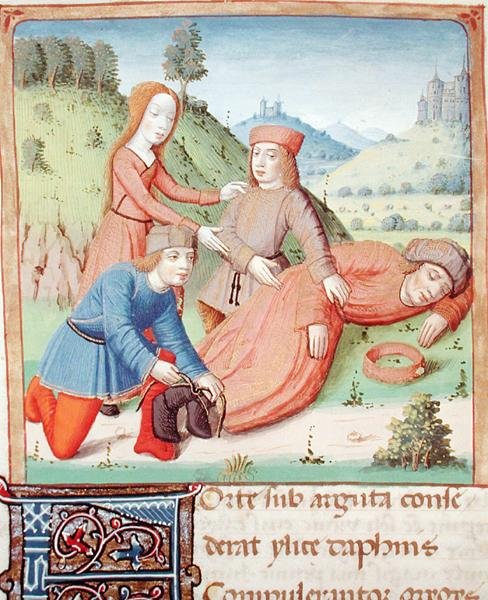 Ms 493 f.12v眠っているSilenusは、VirgilのThe Ecloguesから、Serviusの解説付きの羊飼いとAegleによって縛られています。1469 作： フランス語学校