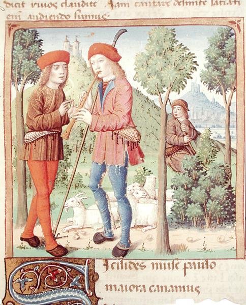 Ms 493 fol.8r VirgilのLes Bucoliquesからの羊飼いの間の会議、Serviusによる解説、1469 作： フランス語学校