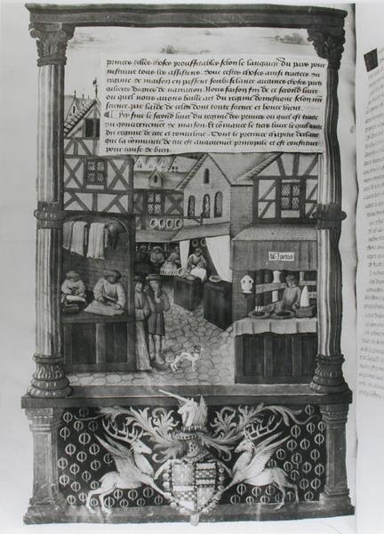 Ms 5062 fol.149v Gilles de Rome作のLivre de Gouvernement des PrincesのMarechal dAubigny Lucreceのロバートスチュアートの店と紋章のある通り 作： フランス語学校