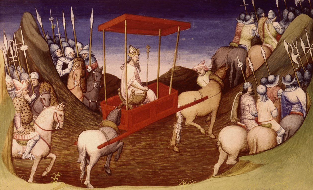 Fr 2810 f.204氏、護衛と一緒に到着したグレートカーン、Livre des Merveilles du Monde、c.1410-12（ベラムのテンペラ）から 作： フランス語学校