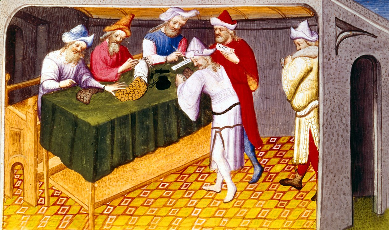 Ms Fr 2810 f.69、チンギスカーンによってキンセー市の塩、砂糖、スパイスに課税されたLivre des Merveilles du Monde、c.1410-12（ベラムのテンペラ） 作： フランス語学校