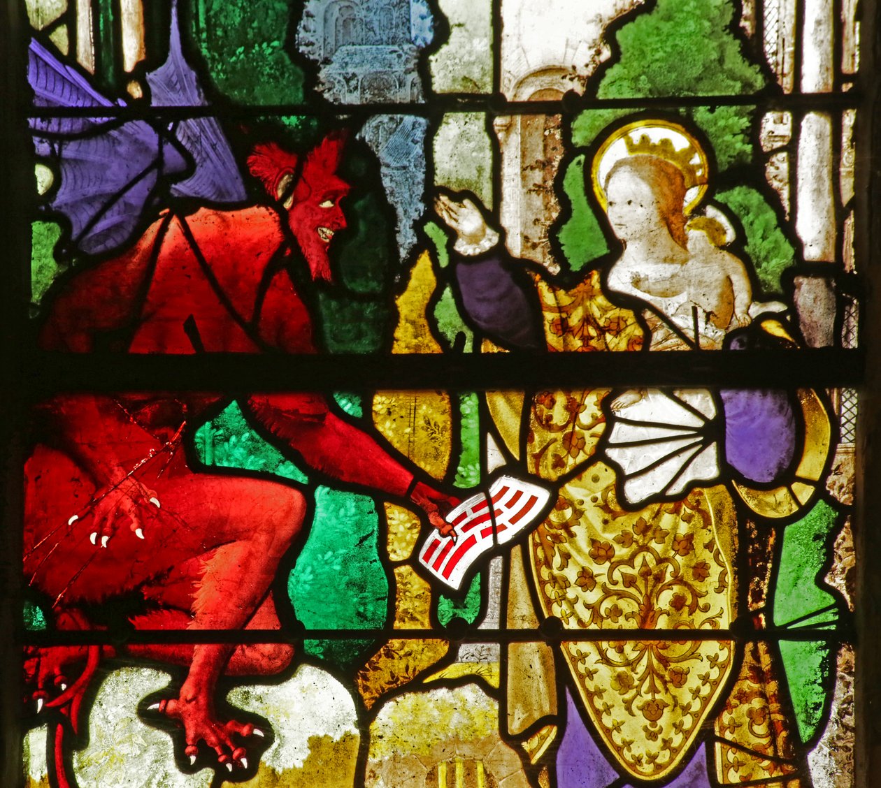聖母マリアが悪魔からテオフィルス条約を取り戻す様子を描いたウィンドウ 作： フランス語学校