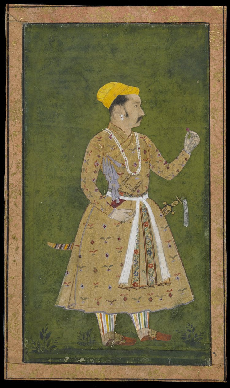 花を持っている王子、絵画が付いたデタッチアルバムフォリオ、c.1740（不透明な水彩画と紙の上の金） 作： インドの学校