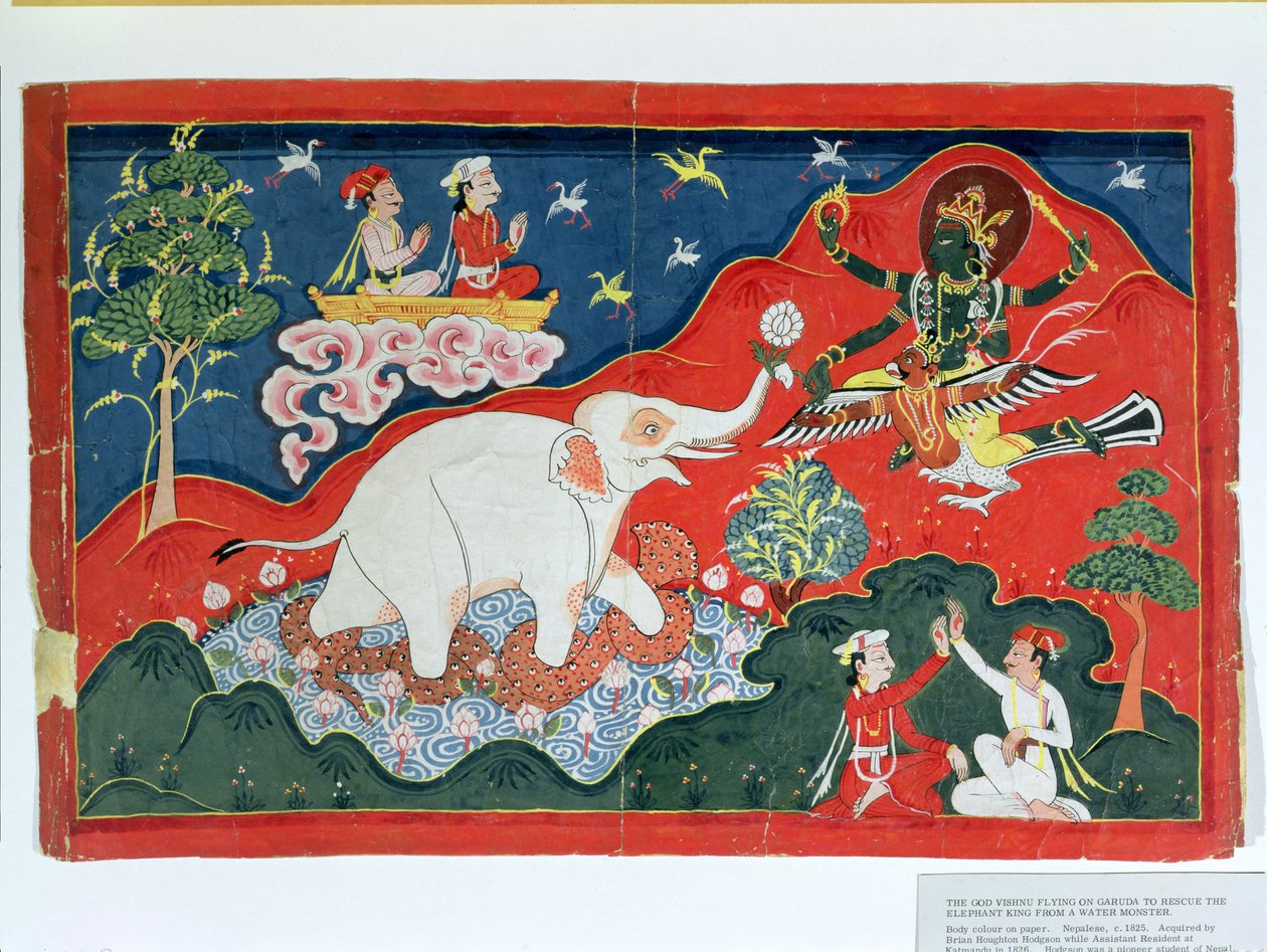 1825年頃、水の怪物から象の王を救うためにガルーダを飛ぶビシュヌ神 作： インドの学校