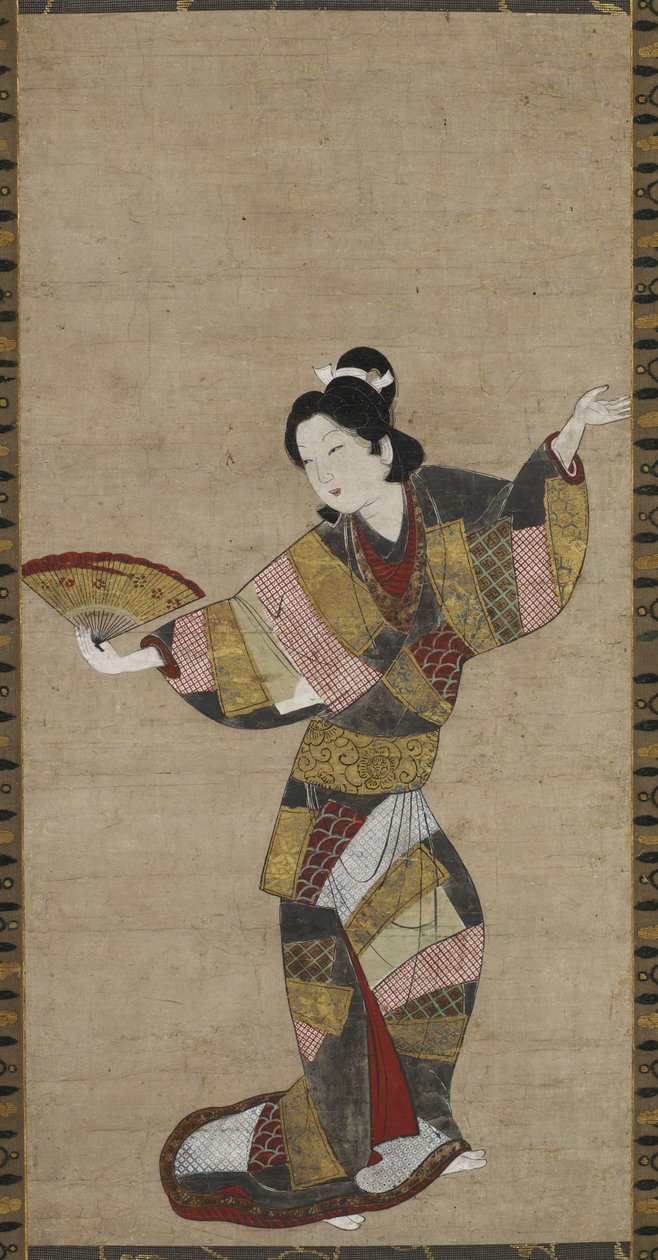 ファンとダンサー、c。 1640-1650（紙にインク、カラー、ゴールド、シェルホワイト） 作： 日本語学校