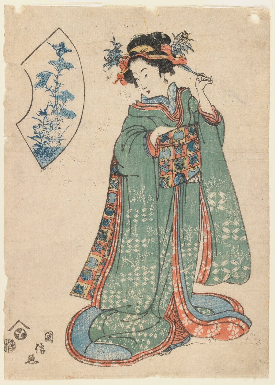 髪飾りを留める女国信、1815- 1820年（版画） 作： 日本語学校