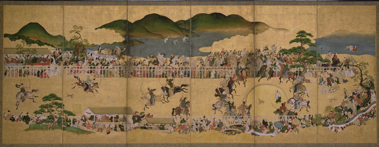 犬追いかけコンテストを描いた6重スクリーン、日本語、1624-43（紙にインク、ペイント、ゴールド） 作： 日本語学校