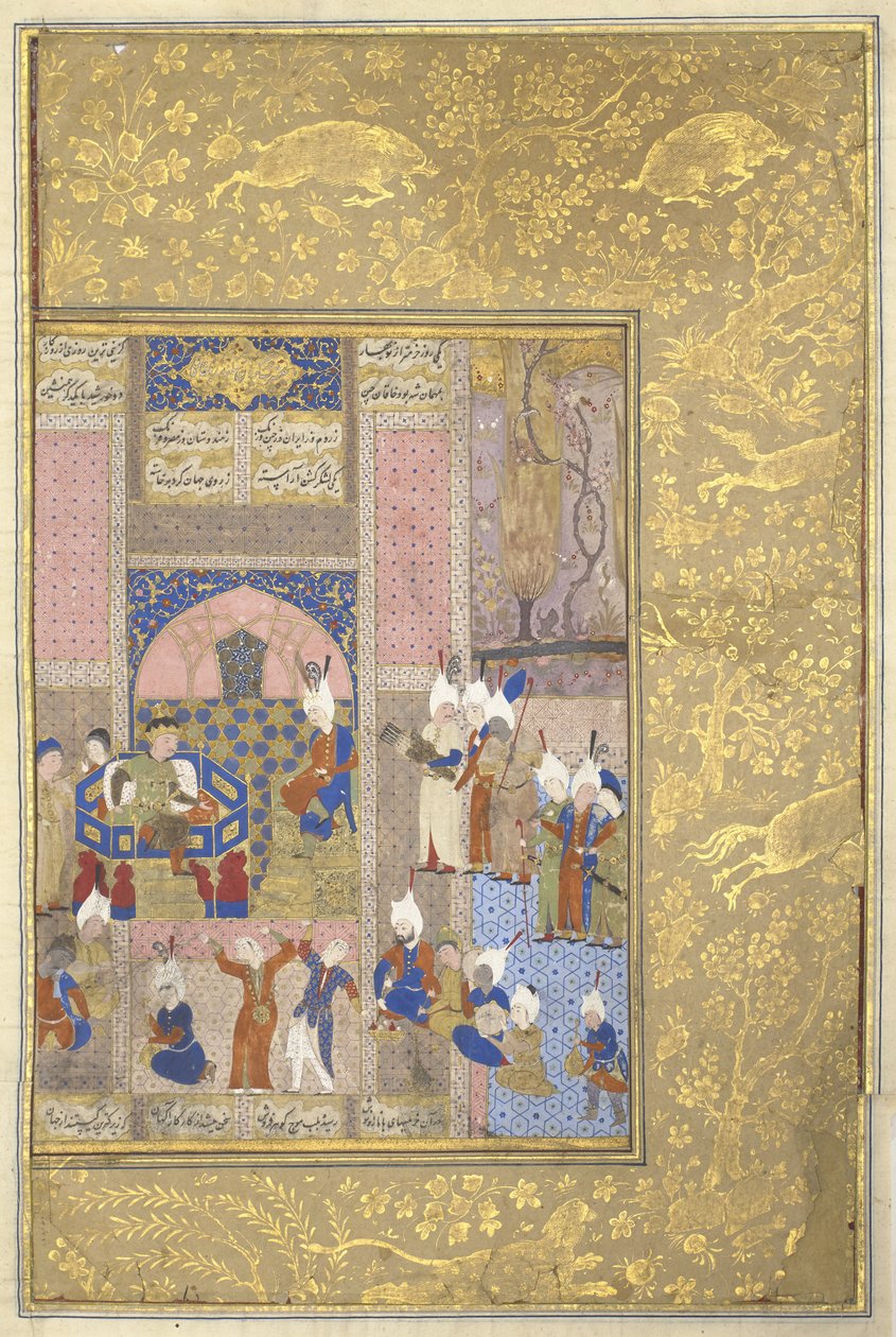 中国の皇帝とのアレクサンダーのごちそう、c.1525-50（ベラムのインク、トイレ、ゴールド） 作： ペルシャ語学校