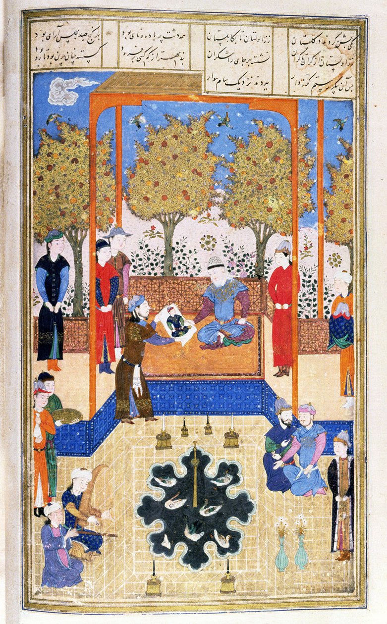 子供の肖像画、彼の祖父サムに見せられたロスタム、Shahnama（Book of Kings）からの挿絵、Abul-Qasim Manur Firdawsi（c.934-c.1020）c.1440-45（ペン、インク、ベラムの金） ） 作： ペルシャ語学校