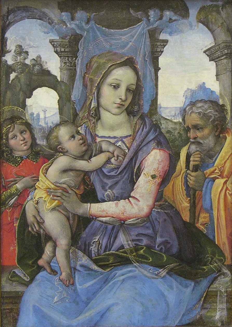 聖ヨセフと天使のマドンナと子供、1490年頃（キャンバスからテンペラ、木から移した） 作： 1476 1524カッポニ