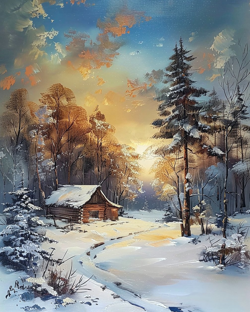 森と雪の中の小屋、冬景色、壁の装飾のアイデア 作： ファフタリ・アブデラヒム